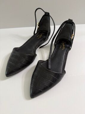 Seychelles Black Croc-Embossed Pointed D'Orsay Flats with Ankle Strap